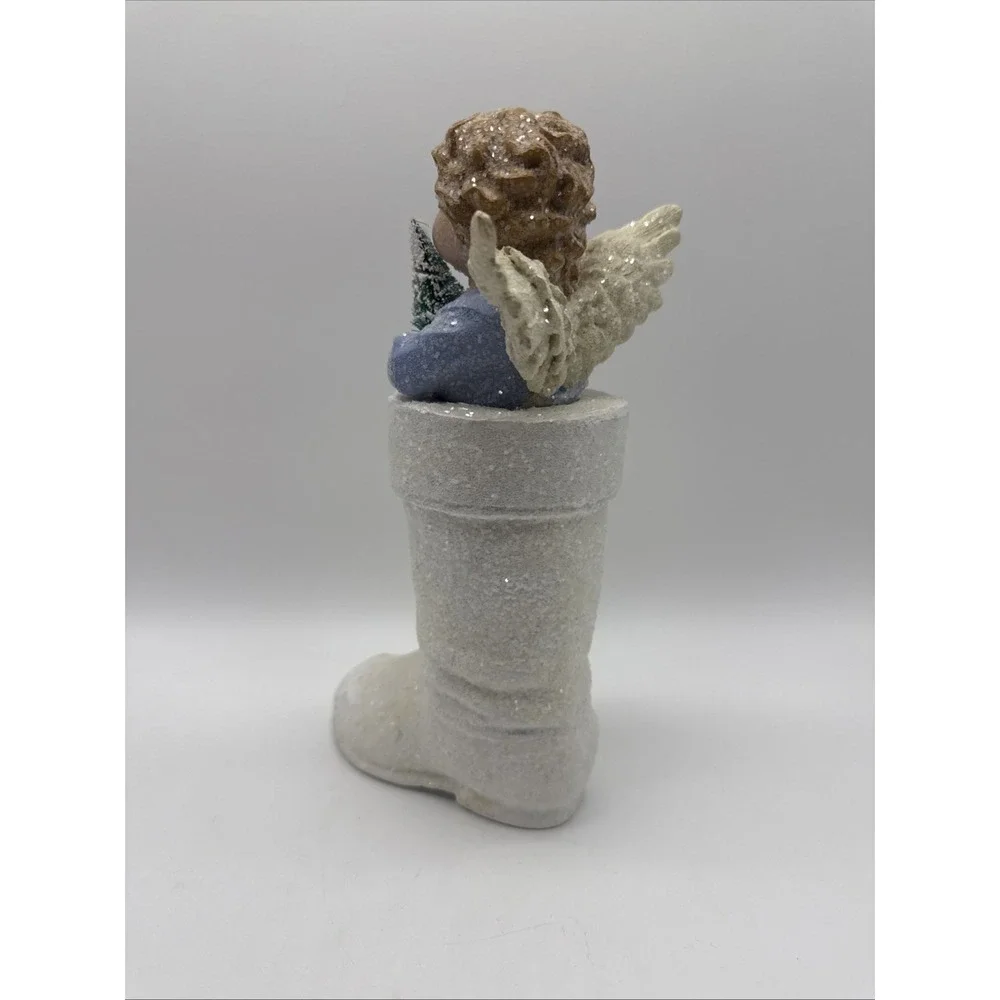 Glitter Angel in‎ Boot Figurine Vintage Shimmery Christmas Holiday Decor